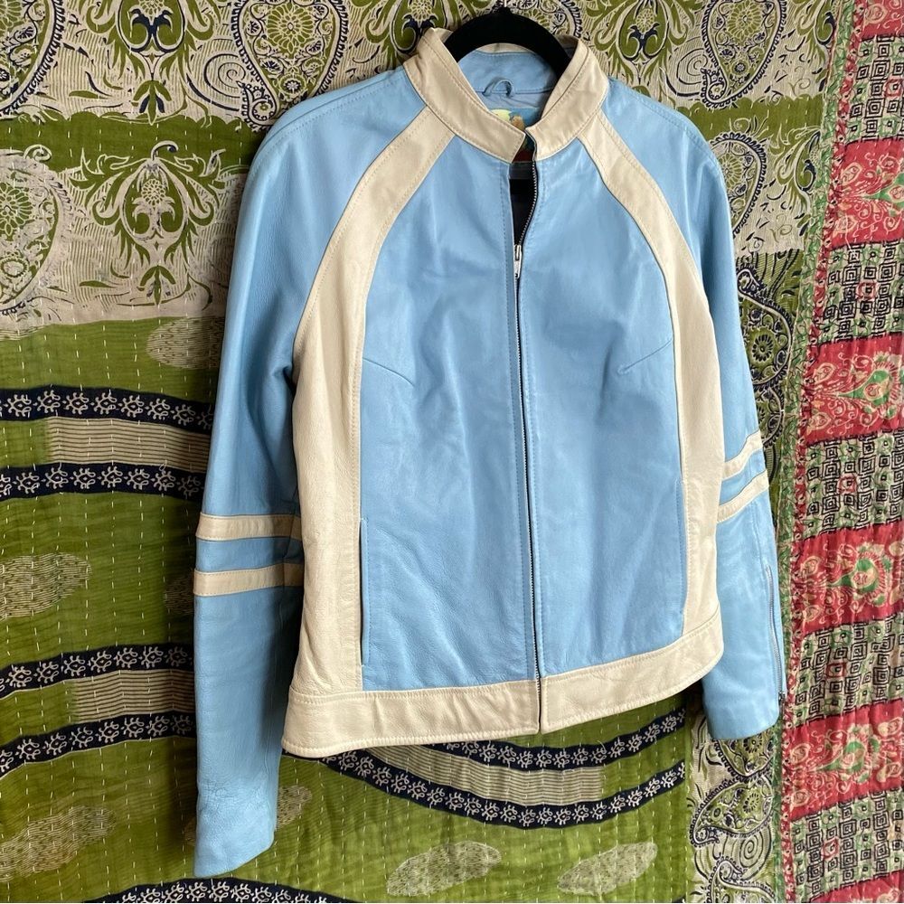 Rare VTG Y2K Wilsons Leather Baby Blue/ Cream Retro Moto Leather Jacket Large - Picture 5 of 8